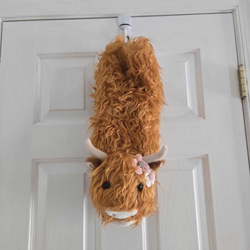 Orange And Brown Oooh Geez Highland Cow Plush Slippers One Size